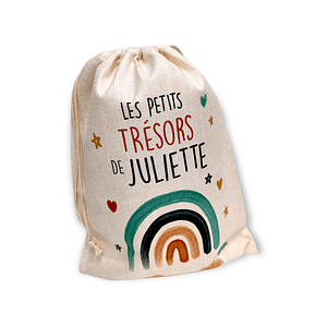 Sac à jouets pour enfant sur le thème arc en ciel. Pour une chambre bien rangée. Personnalisable au prénom de votre enfant.
