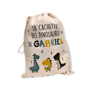 Sac à jouets pour enfant sur le thème des dinosaures. Pour une chambre bien rangée. Personnalisable au prénom de votre enfant.